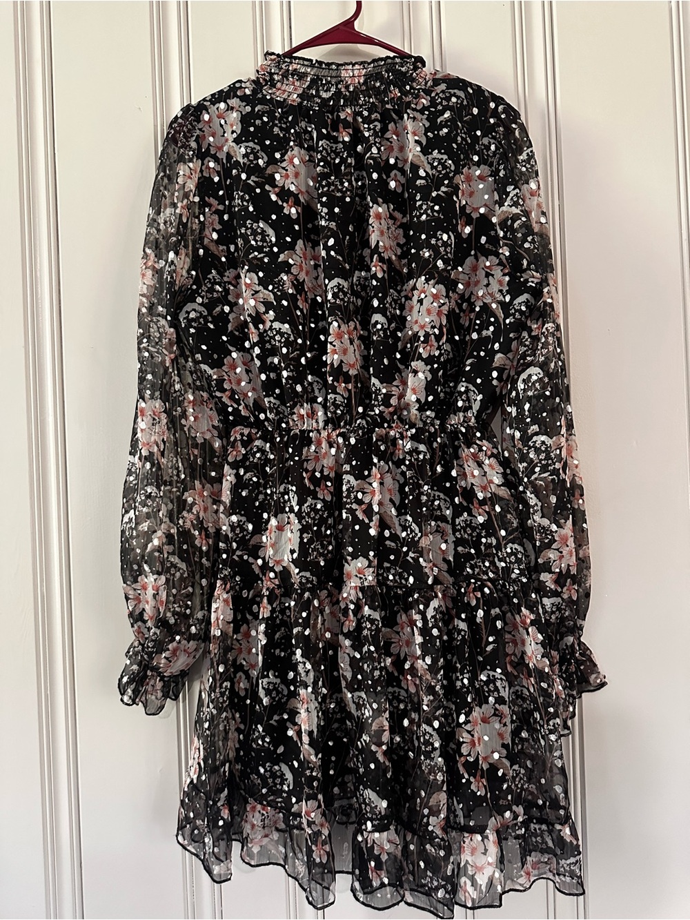 O.P.T Floral Black Mini Dress with Silver Dots that glimmer in the light - Picture 7 of 9